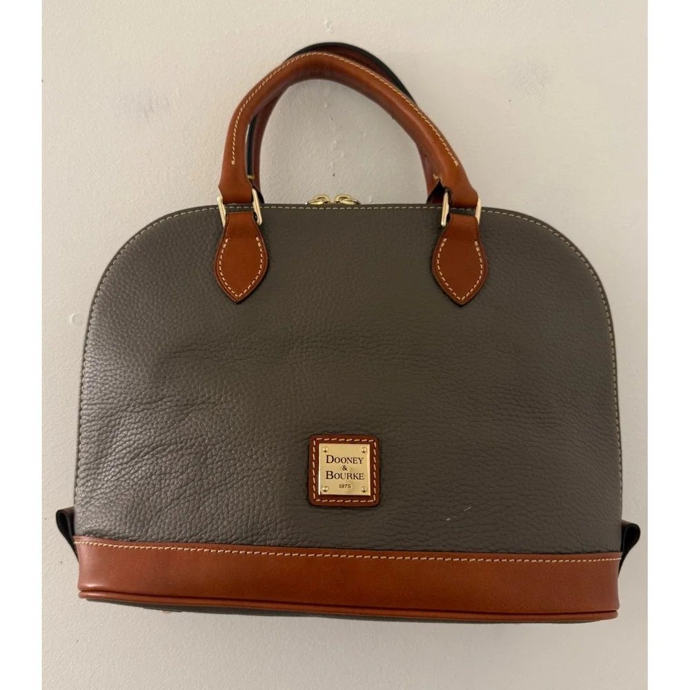 Dooney & Bourke Pebble Grain Domed Satchel Elephant Grey Tan Leather Bag Preppy